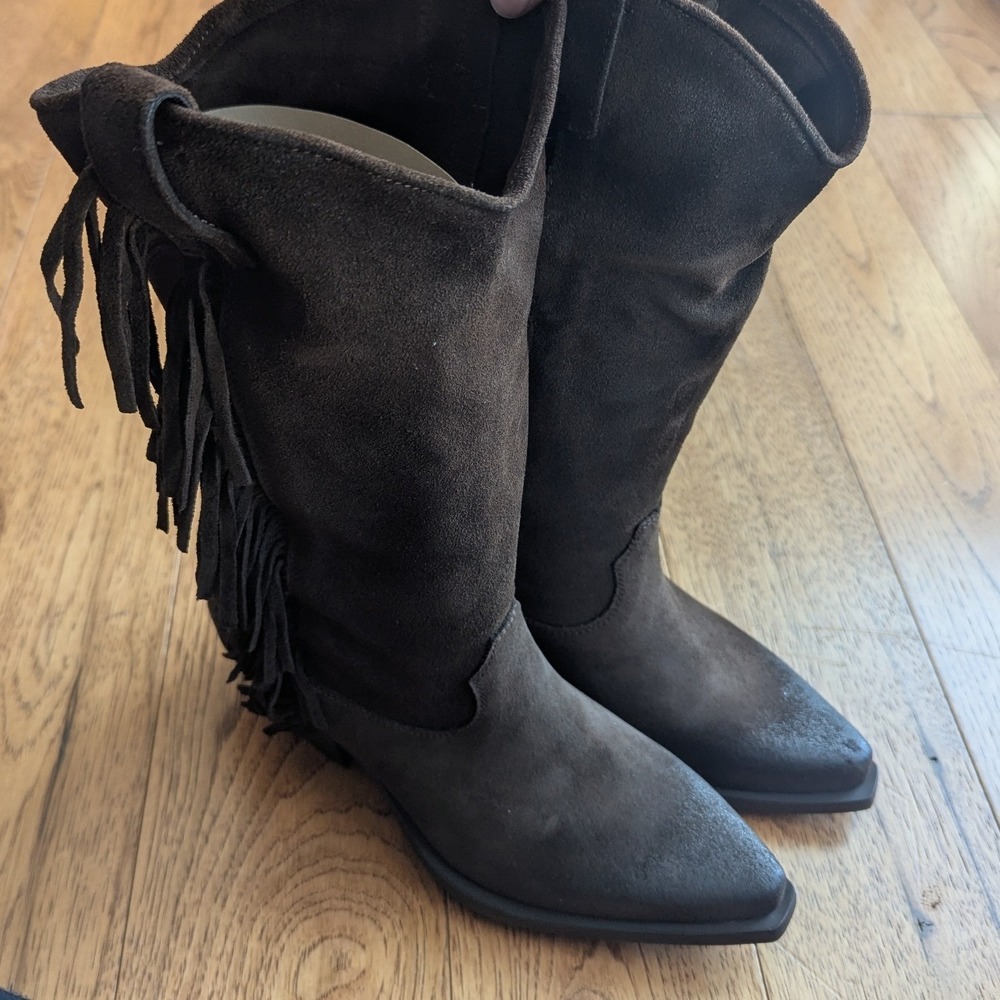 Sundance Dove Canyon Fringe Boots Chocolateβ Suede Pointed Toe Womens 39 Western